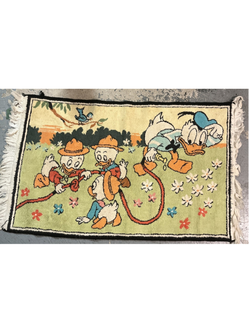 Vintage Disney Donald Duck Huey Dewey Louie Woven Tapestry Rug 2x3 Fringe